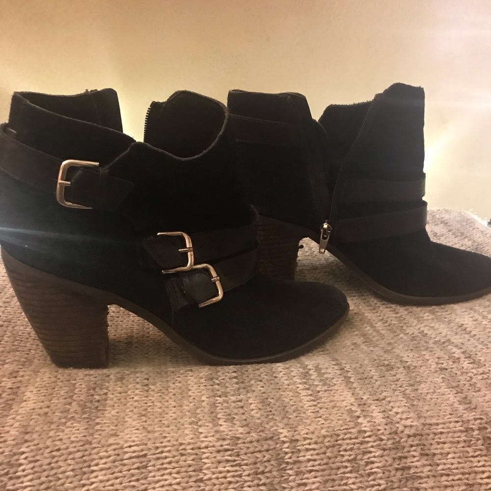 Black Ankle Boots Low Heels with Silver Buckles